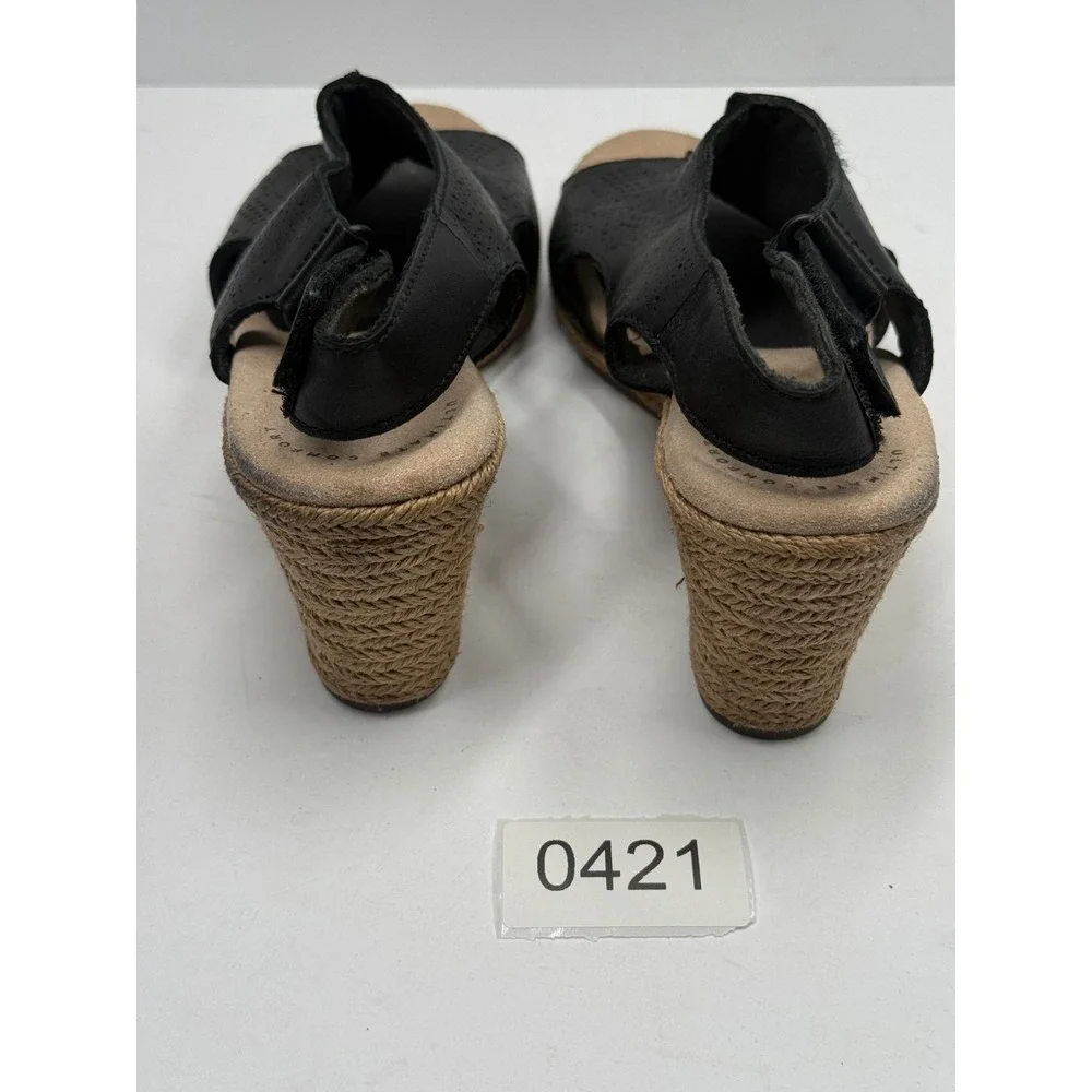 Clarks Lafely Rosen Wedge Sandals Black Leather Espadrille Slingback 7.5M